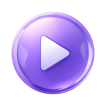 Glossy, purple button with a rounded edge and a white, triangular play symbol. Image depicts a shiny, rendered icon on a black background