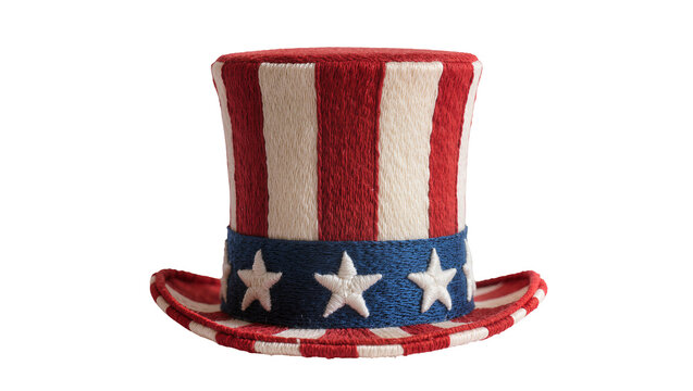 Uncle Sam hat with red and white stripes blue band and white stars, isolated on transparent background