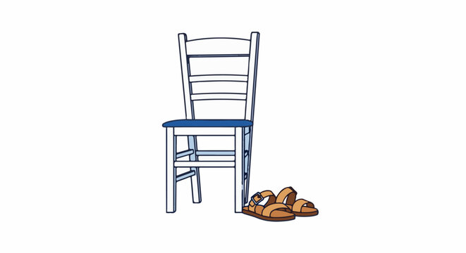 A simple wooden chair with a blue seat sits beside a pair of brown sandals