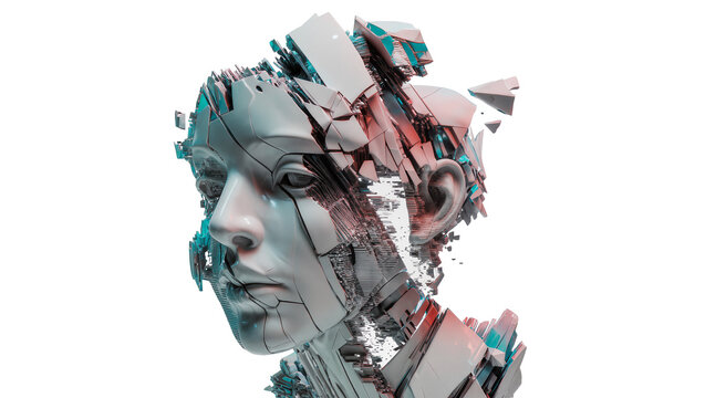Fragmented human face sculpture with geometric shards, isolated on transparent background