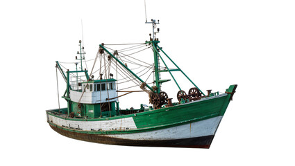 Naklejka premium Green and white fishing trawler with rigging and winches, isolated on transparent background