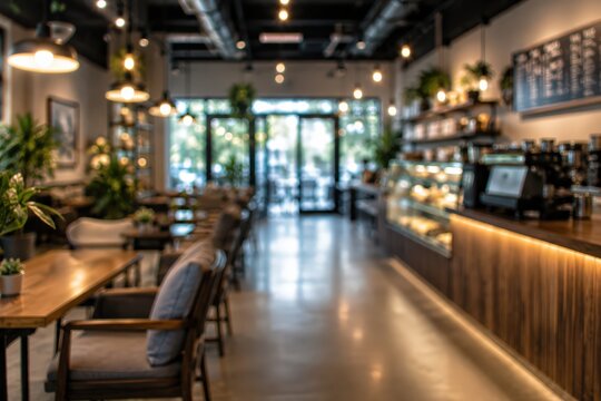 Blurred cafe interior background coffee shop modern restaurant bokeh lighting wooden counter cozy atmosphere bistro cafeteria indoor scene