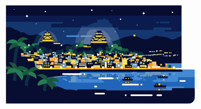 A stylized coastal city glows with lights at night, reflected in the water below