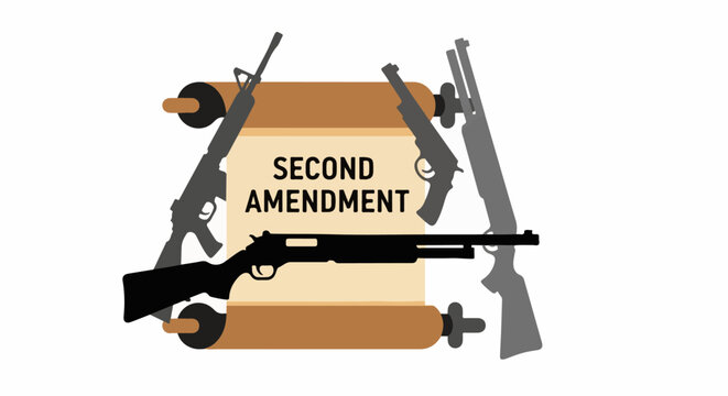 A scroll displays "SECOND AMENDMENT" surrounded by various rifle and shotgun silhouettes
