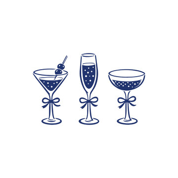 Navy blue cocktail glass vector set, elegant champagne flute and martini illustrations with bows, minimalist hand drawn barware icons for wedding invitations