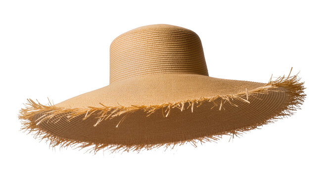 Wide-brimmed straw sun hat with frayed edges, isolated on transparent background