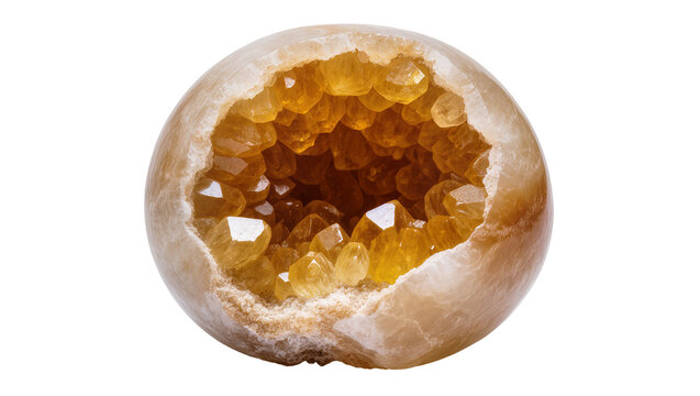 Round geode with sparkling amber crystals, isolated on transparent background