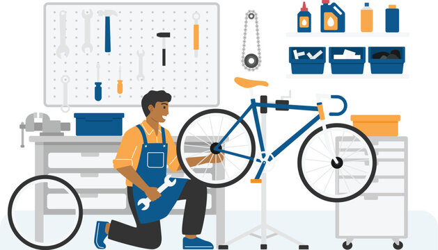 Professional Mechanic Repairing Bicycle in Well Equipped Garage Workshop