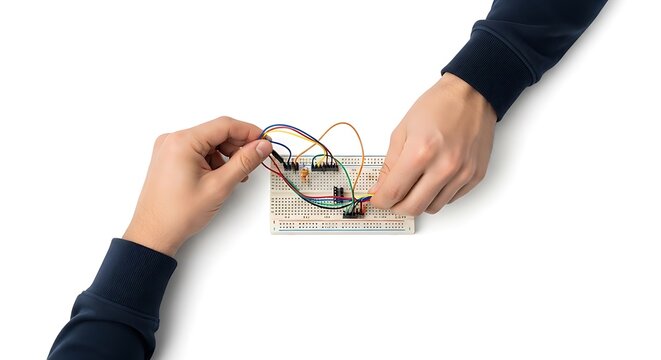 Top view of hands working with wires on a breadboard for electronics