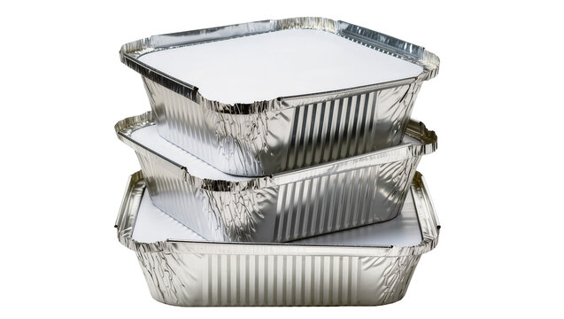 Stack of three silver aluminum foil food containers with white lids, isolated on transparent background