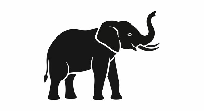 A stylized black silhouette of an elephant with its trunk raised