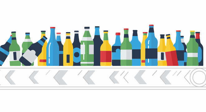 A row of colorful glass bottles on a conveyor belt