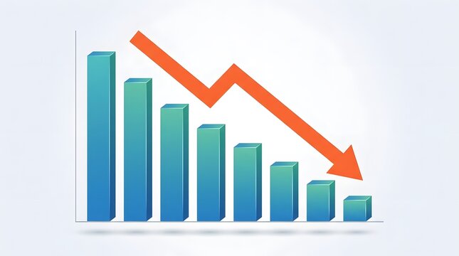 Bar chart with descending bars and orange downward arrow showing growth decline trend in business analytics