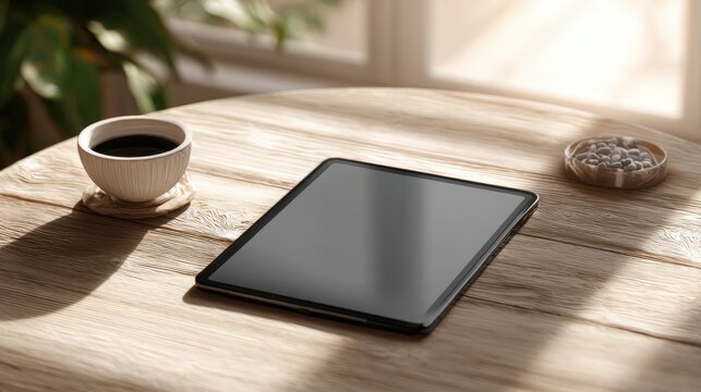 Blank tablet with sleek black screen resting on a light wooden table alongside a white ceramic coffee cup and a small stone in cozy indoor setting with sunlight filtering through