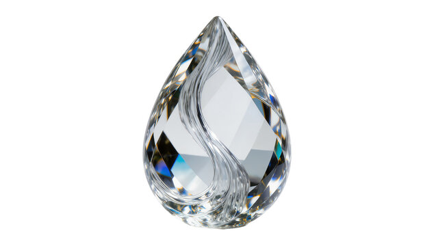Clear faceted crystal teardrop with internal swirling patterns, isolated on transparent background