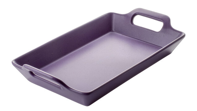 Purple ceramic rectangular baking dish with handles, isolated on transparent background