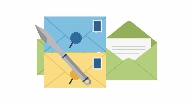 A stack of colored envelopes with stamps, seals, and an open one with paper
