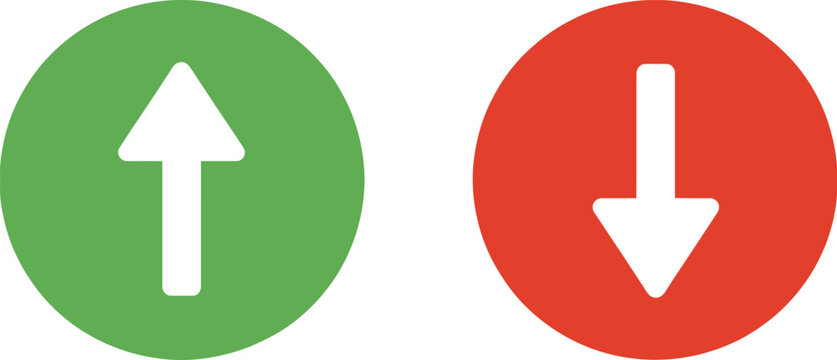 Arrow direction icon set, modern green increase arrow and red decrease arrow icons for finance statistics and trend visualization design.