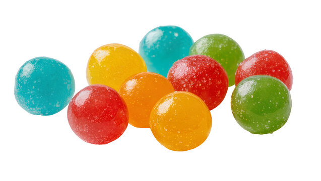 Assorted colorful round sour candies with granulated sugar coating, isolated on transparent background
