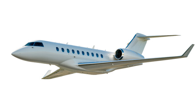 Sleek white private jet airplane with multiple windows, isolated on transparent background