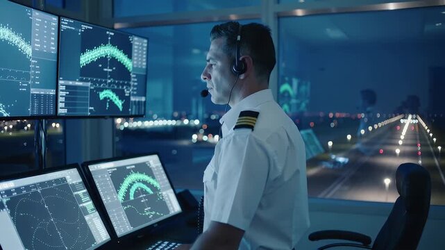 Pilot works in control tower at nighttime using monitors to manage airport operations and ensure safe landings and takeoffs