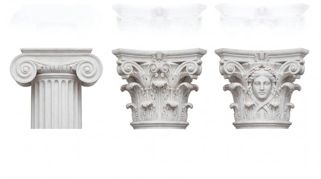 Three decorative stone column capitals featuring intricate carved details in this isolated professional photo on white background