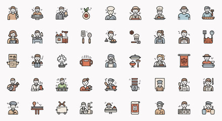 Obraz premium Set of diverse culinary professionals and kitchen staff icons representing chefs, waiters, and cooks in various actions and scenarios