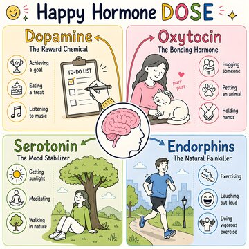 Illustration of four hormone concept panels showing dopamine, oxytocin, serotonin, and endorphin with icons of behavior, emotion, and brain reward signals.