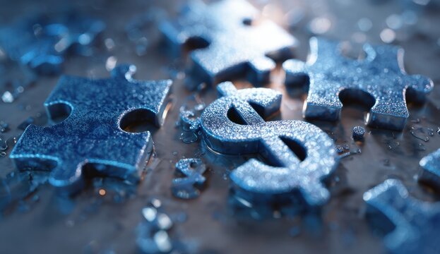 Blue puzzle pieces with a dollar sign symbolizing financial complexity, problem-solving, or economic concepts with a textured, dark background