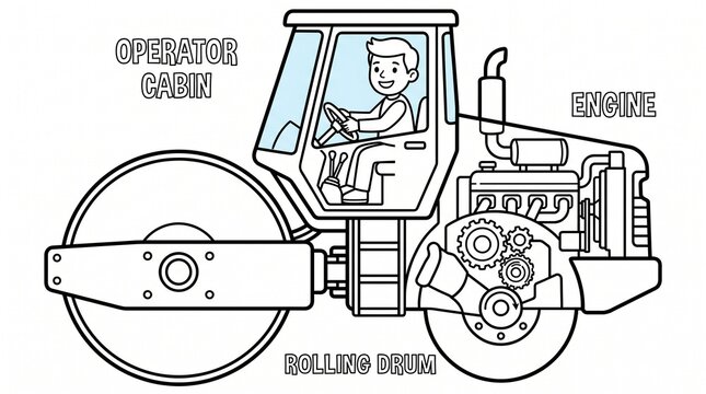 Coloring page for children "Cross-section of a road roller", Special Vehicles Cross Section Coloring Collection