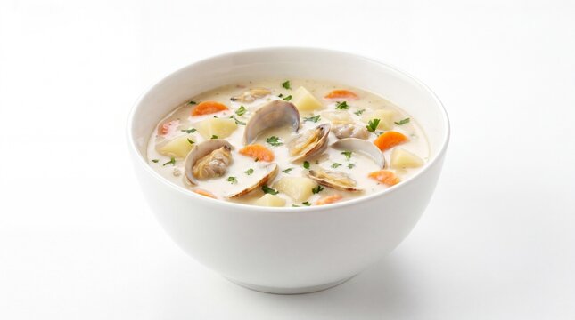 Delicious creamy bowl of traditional New England clam chowder soup served in a porcelain dish on white background