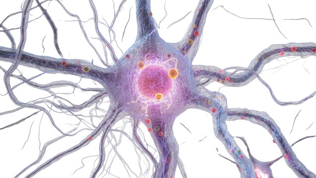 Detailed neuron cell body with nucleus and dendrites, isolated on transparent background
