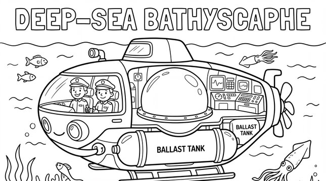 Simple interior coloring of an underwater bathyscaphe for children, Special Vehicles Cross Section Coloring Collection