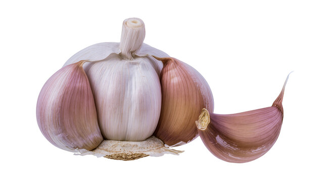 Whole garlic bulb with cloves and a single clove, isolated on transparent background