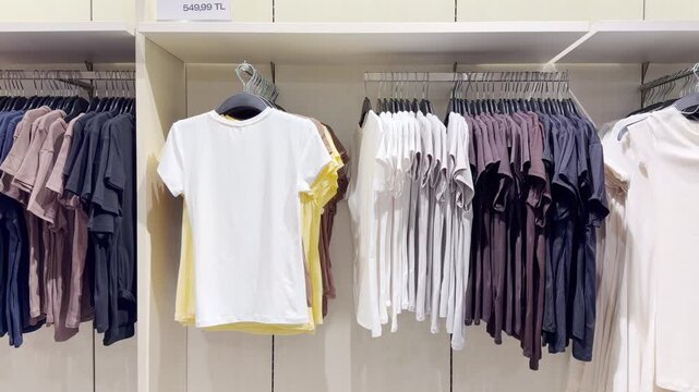 Clothes store in shopping mall.Blurred store aisle with hanging clothing racks