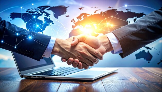 Global business partnership handshake over a laptop with a world map backdrop