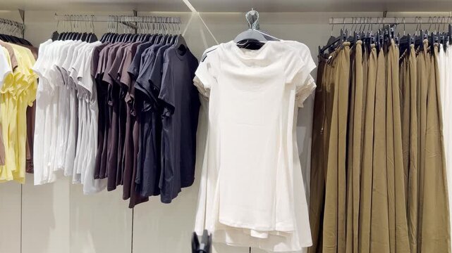 Clothes store in shopping mall.Blurred store aisle with hanging clothing racks