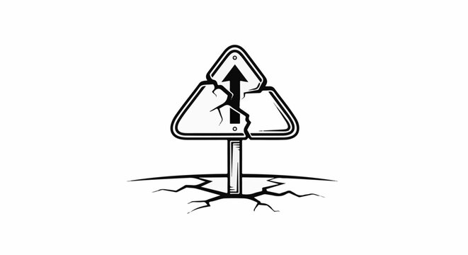 Cracked triangular warning sign with arrow points upward, broken ground