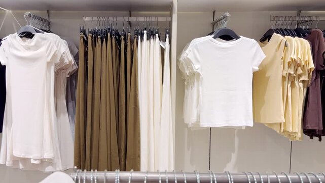 Clothes store in shopping mall.Blurred store aisle with hanging clothing racks