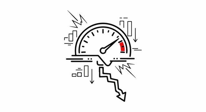 Stylized speed gauge shows declining performance with downward trend lines