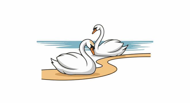 Two elegant white swans glide near a sandy shore beside calm blue water