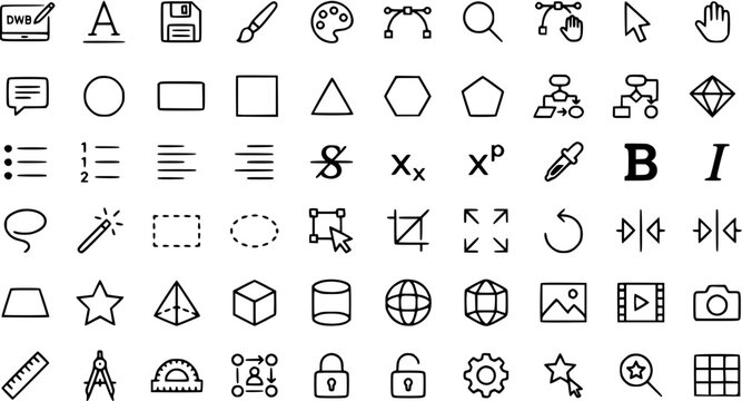 Minimalist Black and White Outline Icons for Graphic Design, UIUX, and Digital Tools - Thin Line Vector Set of Software and Editing Symbols