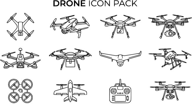 Drone Icon Pack Vector Line Art: Aviation Technology Symbols with Quadcopters, Hexacopters, Fixed-Wing UAVs, and Remote Controls
