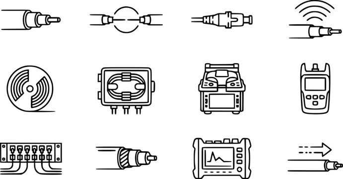 Fiber Optic Communication Outline Icons. Telecommunication Network Cables, Connectors, Splicers, Testers, and Equipment Line Art Vector Set.