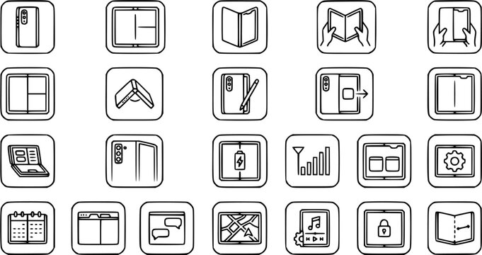 Technology Black  White Line Art Icons: Foldable Phones, Smartphones, Tablets, UI, and App Features Glyph Set