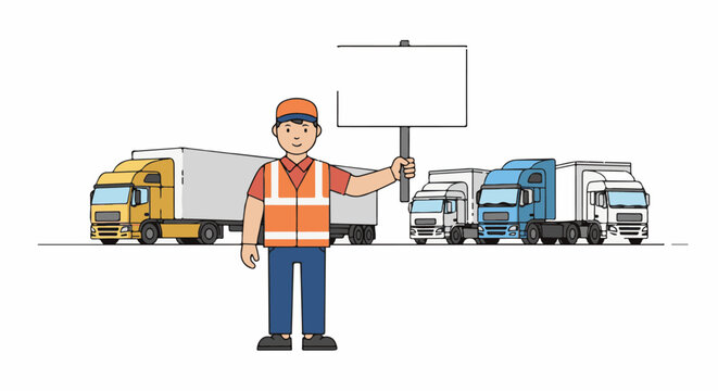 A smiling worker holds a blank sign in front of several parked trucks