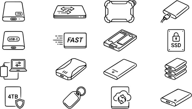 Black and White Line Art Icons of Technology Storage Devices - SSD, HDD, USB-C, Cloud Storage, Data Transfer