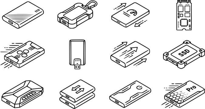 Technology Data Storage Devices Line Art Icons. Isometric Black and White Outline Set of Portable SSDs, External Hard Drives, USB Flash Drives, and Computer Hardware.