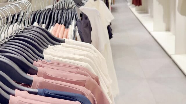 Clothes store in shopping mall.Blurred store aisle with hanging clothing racks