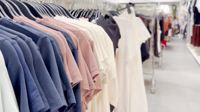 Clothes store in shopping mall.Blurred store aisle with hanging clothing racks